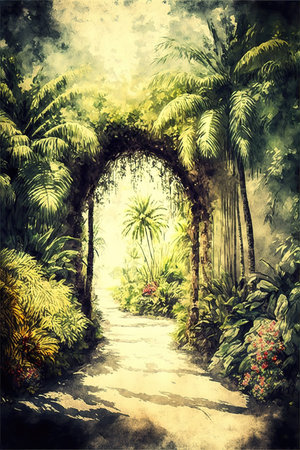 a wonderful entrance to the beach, a road scene in watercolorの素材