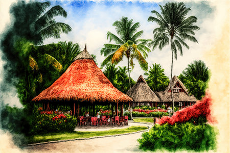 a wonderful hawaiian inspired small town at the beach, watercolor styleの素材