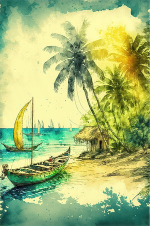 a tropical beach scene with some fishing boats, watercolor artの素材