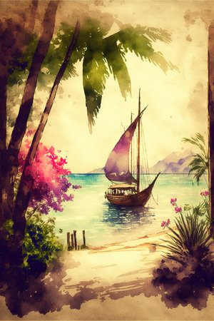 a beach scene with a small little sailing boat, pink touch in itの素材