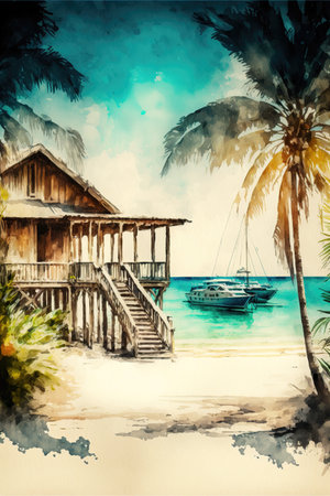 a house at the beach with some modern boats in beackground, watercolor artの素材