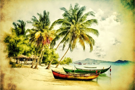 a beach with some tropical boats in front of it, watercolor medieval styleの素材