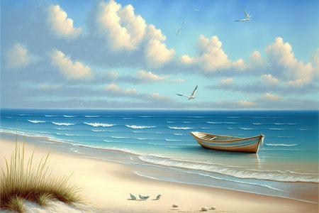 a calm peaceful place at the beach with a boat, illustration painting styleの素材