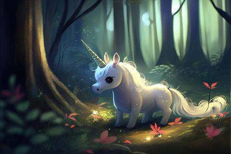 a cute cartoon inspired unicorn, lonely in the forestの素材