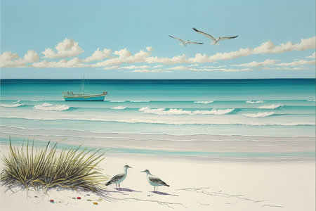 a beautiful beach landscape illustration with birds and a boat, peaceful placeの素材