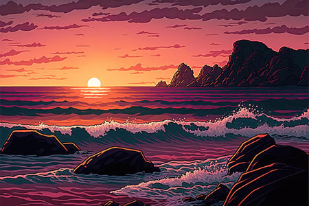 a beautiful sunset at the beach illustration, pink horizon in anime manga artの素材