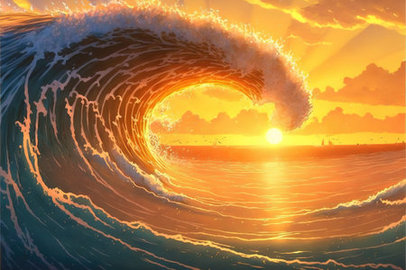 a modern anime illustration of the waves off kanagawa, beautiful sunshine scene of the oceanの素材
