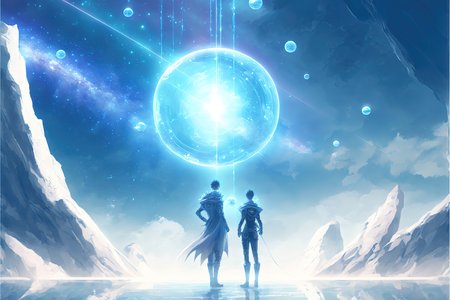 a sci fi anime illustration in blue and white, a couple standing in front of a blue starの素材