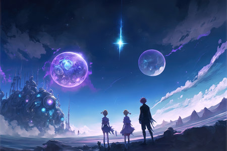 a fantasy sci fi universe illustration of an anime trio standing in front of a machine, moons in backgroundの素材