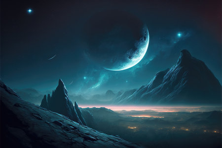 an impressive anime scifi illustration of a unknown planet with the sky in backgroundの素材