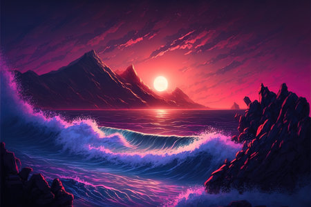 an anime illustration of heavy waves incoming at the beach, hills around itの素材
