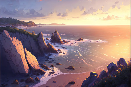 a wonderful calm and peaceful scene of a beach with small hillsの素材