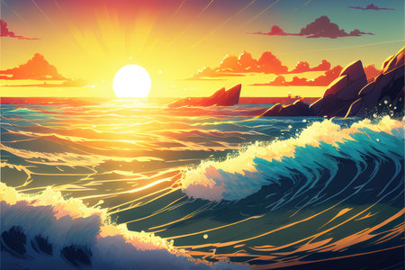 a wonderful ocean waves scene in anime manga styleの素材