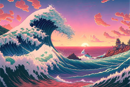 an impressive waves off kanagawa illustration in a modern anime style, manga artの素材