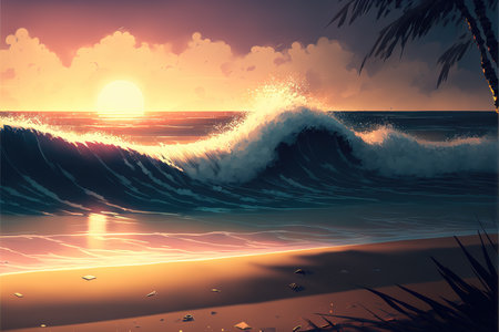 a sunset scene at the beach with beautiful waves incoming, anime manga artの素材