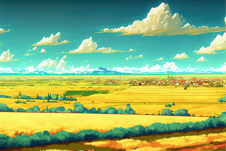 a beautiful autumn landscape illustration with a small town in background, manga artの素材