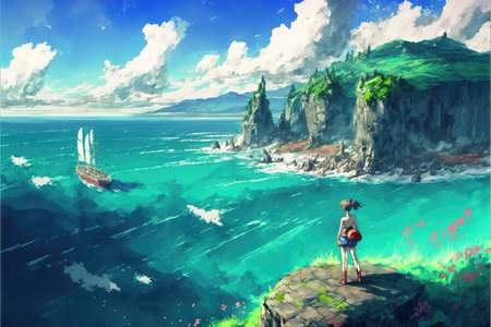 a brave pirate girl standing on a hill and watching the sea, ship is leaving the beachの素材