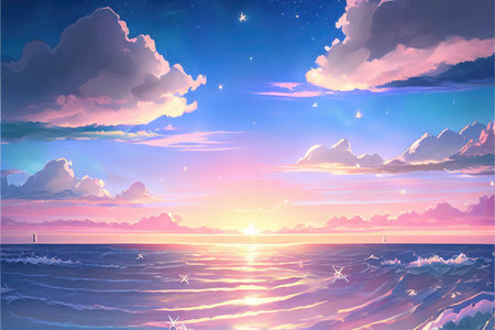 a calm ocean scene with sunshine in background, dawn illustrationの素材