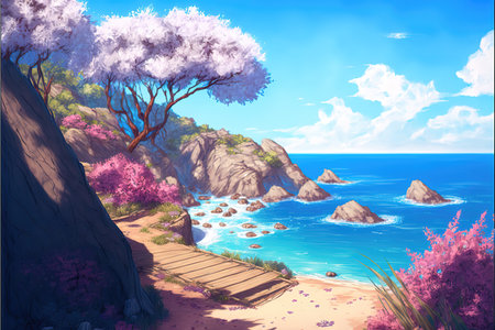 a peaceful fantasy place of a beach with cherry treesの素材