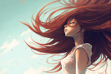 a cute young woman with red hair, lonely on a fieldの素材