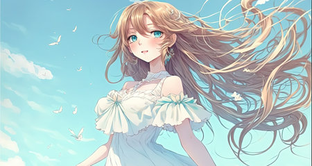 a beautiful anime woman in a white dress, long blonde hairの素材