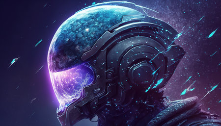 a scifi warrior with an alien helmet, lgihtning parts, ai generated imageの素材