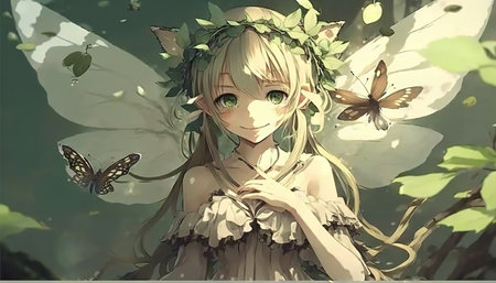 a beautiful epic illustration of an anime fairy girl, fairytale style, ai generated imageの素材