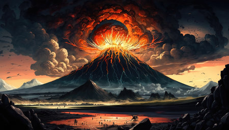 an epic volcano exploding scene in a cartoon anime style, ai generated imageの素材