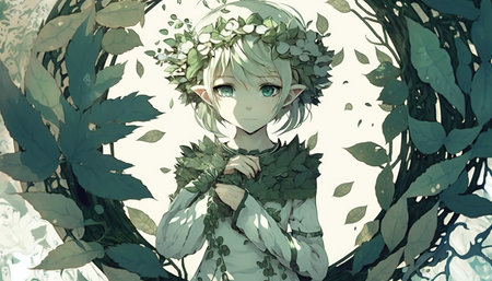 an anime nature bounded girl with a lot of plants around her, fairytale manga style, ai generated imageの素材
