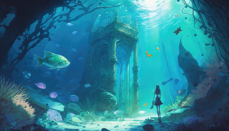 a lonely person thinking about life in an underwater world, mermaid anime style, ai generated imageの素材