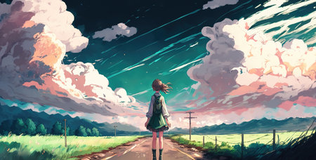 a beautiful lonely manga girl on a long path and thinking about life, ai generated imageの素材