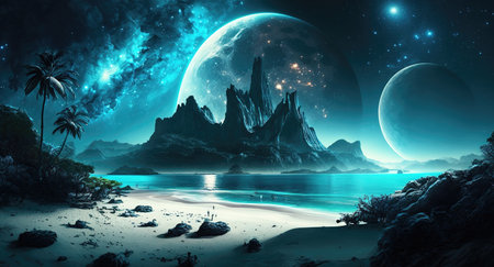 a beautiful peaceful island in galaxy, space artwork of a peace place in universe, ai generated imageの素材