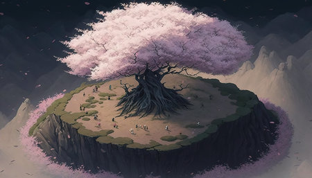 a beautiful lonely cherry tree, fantasy place in anime style, ai generated imageの素材