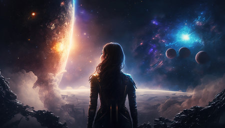 a brave female astronaut woman standing in the space, wallpaper artwork, ai generated imageの素材