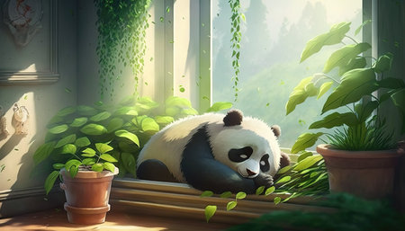 a sleeping cute cartoon panda in a room with a lot of plants around, ai generated imageの素材