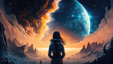 a lonely beautiful modern dressed woman standing in front of an impressive planet, scifi galaxy themed, ai generated imageの素材