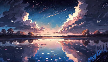 a beautiful dreamy anime landscape at a lake with big clouds, fairytale style, ai generated imagの素材