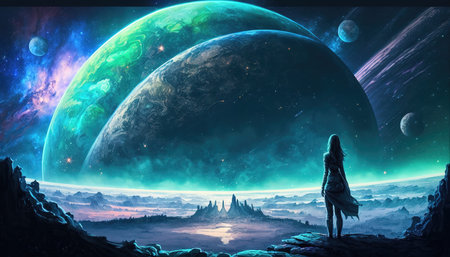 a videogame inspired scifi scene of a woman standing on a hill and watching the galaxy, epic artstyle, ai generated imagの素材