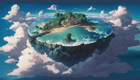 a fantasy flying island in the sky, anime manga artwork, ai generated imageの素材