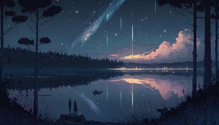 a beautifl impressive anime landscape illustration at a lake in night with falling stars, ai generated imagの素材
