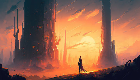 a scifi warrior in front of a big city at sunset, ai generated imagの素材