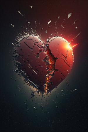 a beautiful red heart in space exploding and broken, epic scifi artwork, ai generated imagの素材