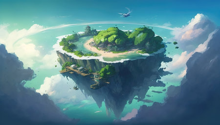 an abandoned lonely flying island in the sky, fairytale anime manga artwork, ai gnerated imageの素材
