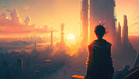 an epic sunset illustration of a scifi city with a man watching the scene, anime artwork, ai gnerated imageの素材