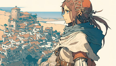 a medieval anime girl in front of a town, banner style, ai generated imagの素材