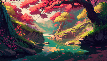 a beautiful peaceful place in a forest with cherry trees on the side of a river, ai gnerated imageの素材