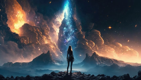 an epic woman standing on top of a hill and watching the galaxy, scifi themed, ai generated imageの素材