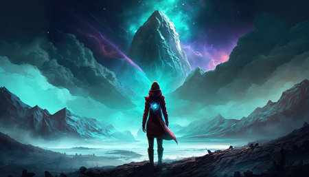 an epic videogame inspired scifi wallpaper with a female warrior standing in front of an unknown place on a distant planet, ai generated imageの素材
