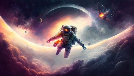 an astronaut hovering in space with the moon in background, scifi artwork, ai generated imageの素材