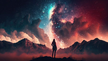 an epic woman standing under a galaxy tehemed sky in complete red colors, mountain in background, ai generated imageの素材